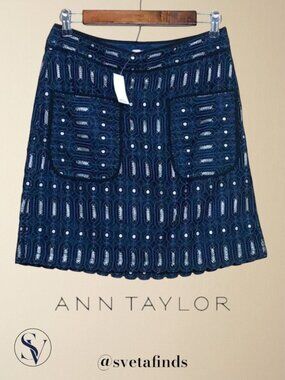 NWT Ann Taylor LOFT Navy Blue Geometric Lace Patch Pocket Mini Skirt Size 2
